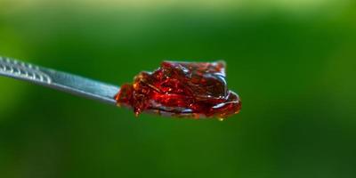 amber yellow cannabis wax concentrate dripping from the dabbing tool closeup photo