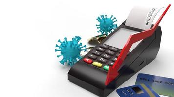 covid 19 virus  gold coins and Card swipe machine 3d rendering for Economic recession  Content. photo