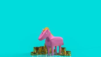 The pink unicorn and gold coins for start up business content 3d rendering. photo