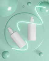 White spray bottle beauty cosmetic green stand podium with light spiral Blank mockup 3D illustration on green natural background photo