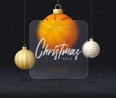 Basketball Christmas sale banner or greeting card. Merry Christmas and happy new year sport banner with glassmorphism or glass-morphism blur effect. Realistic vector illustration