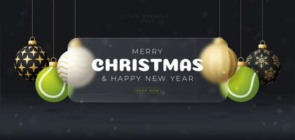 Tennis Christmas sale banner or greeting card. Merry Christmas and happy new year sport banner with glassmorphism or glass-morphism blur effect. Realistic vector illustration