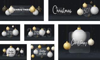 Golf Christmas sale banner or greeting card set. Merry Christmas and happy new year sport banner with glassmorphism or glass-morphism blur effect. Realistic vector illustration