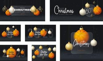 Basketball Christmas sale banner or greeting card set. Merry Christmas and happy new year sport banner with glassmorphism or glass-morphism blur effect. Realistic vector illustration