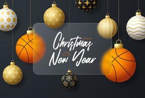Basketball Christmas sale banner or greeting card. Merry Christmas and happy new year sport banner with glassmorphism or glass-morphism blur effect. Realistic vector illustration
