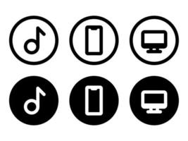 Music, phone and computer icon in modern style icons are located on white and black backgrounds. The pack has six icons. vector