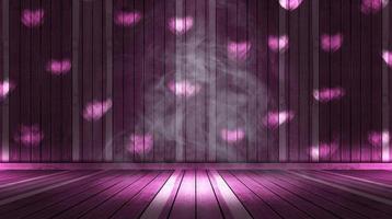 Pink lighting heart-shaped and smoke on stage with wall and floor wood,Valentines Day Concept photo