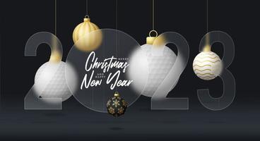 Golf 2023 sale banner or greeting card. Merry Christmas and happy new year 2023 sport banner with glassmorphism or glass-morphism blur effect. Realistic vector illustration