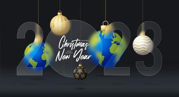 banner de venta o tarjeta de felicitación del planeta tierra 2023. feliz navidad y feliz año nuevo 2023 banner deportivo con efecto de desenfoque de morfismo de vidrio o morfismo de vidrio. ilustración vectorial realista vector
