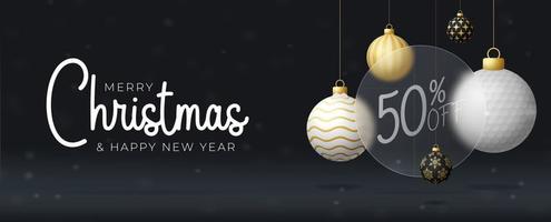 Golf Christmas sale banner or greeting card. Merry Christmas and happy new year sport banner with glassmorphism or glass-morphism blur effect. Realistic vector illustration