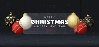 Cricket Christmas sale banner or greeting card. Merry Christmas and happy new year sport banner with glassmorphism or glass-morphism blur effect. Realistic vector illustration