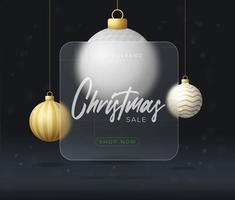 Golf Christmas sale banner or greeting card. Merry Christmas and happy new year sport banner with glassmorphism or glass-morphism blur effect. Realistic vector illustration
