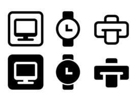 el icono de la impresora y la computadora y el diseño plano del icono del reloj en los iconos de estilo moderno se encuentran en fondos blancos y negros. el paquete tiene seis iconos. vector