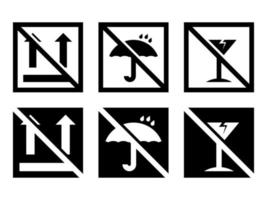 Crossed out fragile box, cargo warning vector signs set in modern style icons are located on white and black backgrounds. The pack has six icons.