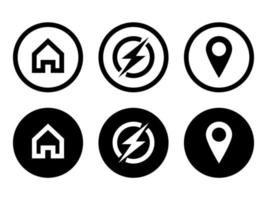 el icono de inicio, iluminación y ubicación en los iconos de estilo moderno se encuentran en fondos blancos y negros. el paquete tiene seis iconos. vector