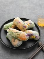 Vegetable spring roll, fresh roll salad made from mix vegetables and roasted chicken. Served in plate on dark concrete background. Selective focus image photo