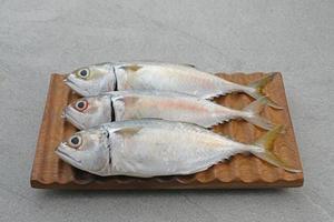 Ikan Kembung, Kembung Fish or Mackerel Fish on wooden chopping board. photo