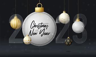Golf 2023 sale banner or greeting card. Merry Christmas and happy new year 2023 sport banner with glassmorphism or glass-morphism blur effect. Realistic vector illustration