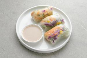 Vegetable spring roll, fresh roll salad made from mix vegetables and roasted chicken. Served in plate on dark concrete background. Selective focus image photo