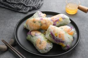 Vegetable spring roll, fresh roll salad made from mix vegetables and roasted chicken. Served in plate on dark concrete background. Selective focus image photo