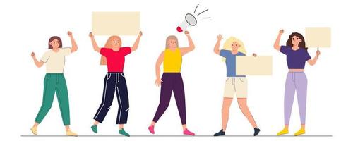 Activists protest with a megaphone and a poster. Young women with their hands raised participate in a protest. Vector illustration of a cartoon character in a flat style.