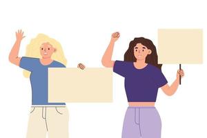 Activists protest with  poster. Young women with their hands raised participate in a protest. Vector illustration of a cartoon character in a flat style.