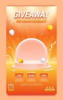 Giveaway anniversary with podium on spotlight background poster and stories social media template vector