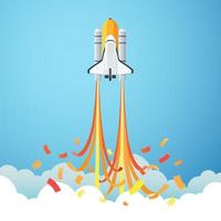 Paper art style of origami space shuttle launch to the sky through the clouds, Start up business concept vector