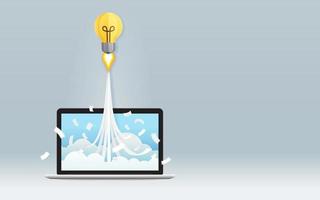 Startup business project concept with light bulb flying from laptop screen on gray background vector