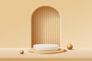 Empty 3d white and gold round podium with abstract geometric shape arch style background vector
