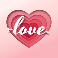 Paper art of white calligraphy lettering love on red pink heart shape overlapping vector