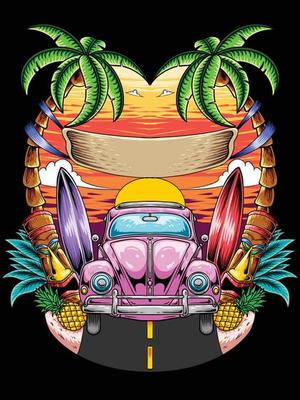 Summer car at beach with tiki mask