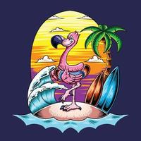 Summer Flamingo at sunset beach palm vector
