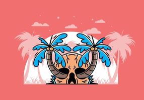 Two coconut trees growing on a skull illustration vector