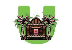 Wood house on the beach illustration badge design vector