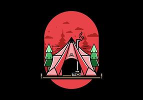 Large glamping tent with heater and chimney illustration design vector