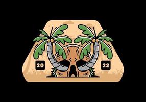 Two coconut trees growing on a skull illustration vector