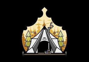 Large glamping tent with heater and chimney illustration design vector