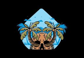 Two coconut trees growing on a skull illustration vector