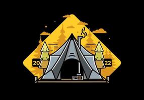 Large glamping tent with heater and chimney illustration design vector