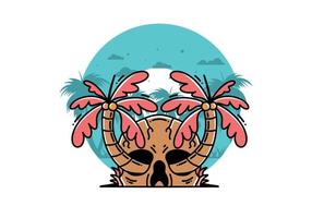 Two coconut trees growing on a skull illustration vector