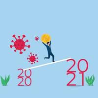 Businessman bring the coin to next year and run from virus metaphor of economy after pandemic. Business flat vector concept illustration.