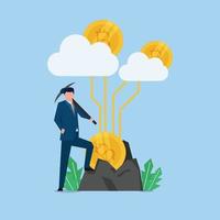 Man with pickaxe stand next to cryto coin connected to the cloud metaphor of mining. vector