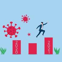 Businessman jump to next year and run away from virus metaphor of economy after pandemic. Business flat vector concept illustration.