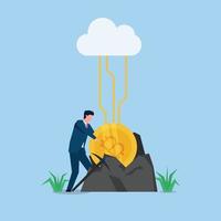 Man pull the crypto coin connected to the cloud metaphor of mining. vector