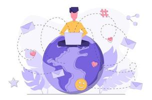 Social network. A man with a laptop sitting on a planet globe and communicating with friends, sending messages vector