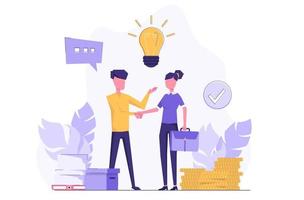 Business deal. A man and a woman shaking hands. A light bulb shines above them vector