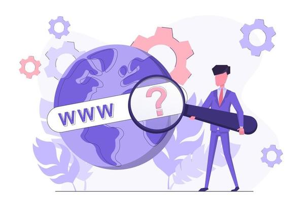 Web search. A man with a magnifying glass looks at the search bar. The globe of the planet in the background