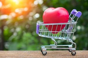 forma de corazón rojo en un mini carrito de compras sobre el fondo de la naturaleza foto