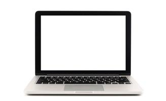 Laptop with blank white screen on white background photo